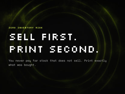 Sell first, print second. Zero inventory risk